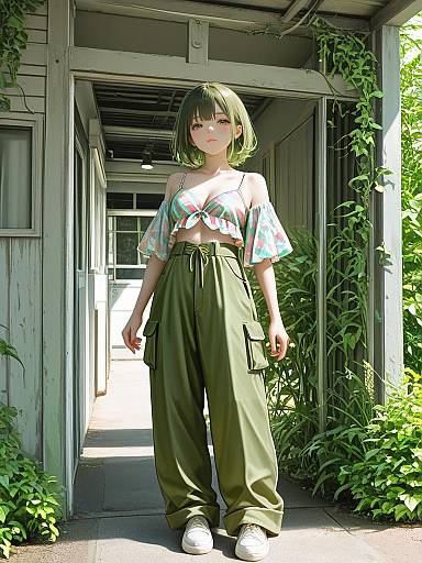 Woman in Casual Summer Outfit with Olive Cargo Pants