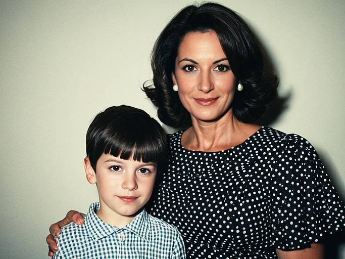 Photograph of a smiling woman with shoulder-length black hair, wearing a black polka dot dress, and a young boy with short black hair, wearing