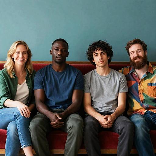 Diverse Group Portrait on Red Couch