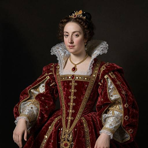 Photograph of a white, early 17th-century noblewoman wearing a red velvet gown with gold embroidery, lace collar, and crown, against a