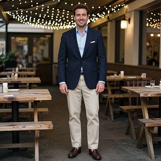 Photograph of a smiling man in a dark blazer, light blue shirt, beige pants, and brown shoes, standing in a warmly lit, string