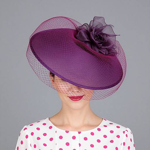Photograph of a woman with fair skin, wearing a white polka dot dress and a purple fascinator hat with a black rose and mesh overlay,