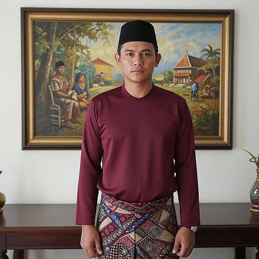 Photograph of a young Southeast Asian man with short black hair, wearing a maroon long-sleeve shirt and patterned sarong, standing in