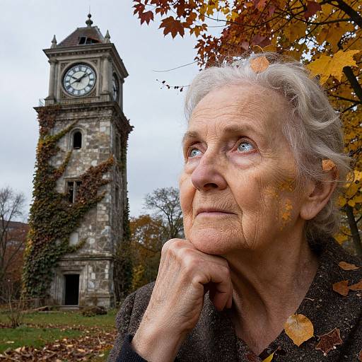 Photograph of an elderly white woman with gray hair, looking upwards, standing in front of an old, ivy-covered clock tower with autumn leaves in