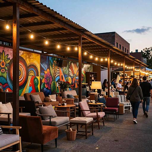 Vibrant outdoor cafe at dusk with colorful mural, string lights, wooden tables, and chairs. People walking, warm ambiance. Photograph.