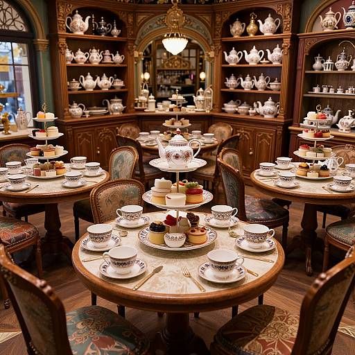Cozy, vintage tea room with ornate wooden shelves filled with white porcelain, round tables set with teacups, saucers, and tier