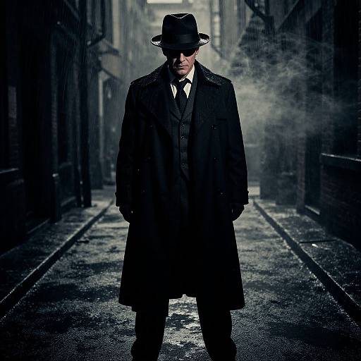 Mysterious man in black coat and hat, standing in a foggy, dark alley; dramatic, moody photograph with high contrast.