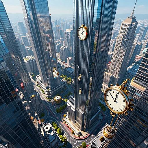 Aerial photograph of a bustling city with towering skyscrapers, featuring two large clocks on buildings, bright sunlight, and busy streets below.