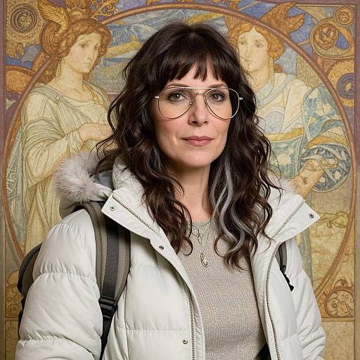 Photograph of a woman with wavy black hair, glasses, white puffy jacket, and backpack, standing in front of an ornate, Byz