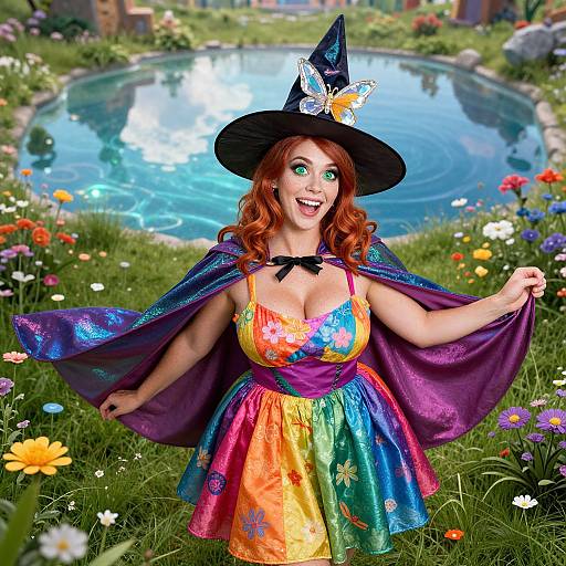 Photorealistic CGI: Red-haired witch with green eyes, large breasts, colorful dress, purple cape, black hat, smiling, standing in vibrant flower