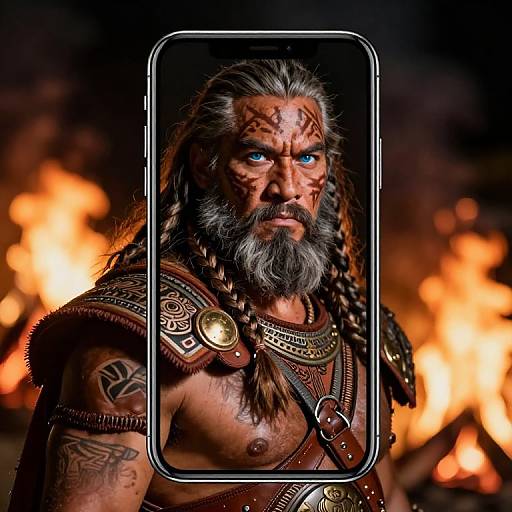 Photorealistic digital artwork of a muscular, bearded warrior with braided hair, blue eyes, and tribal tattoos, wearing leather armor, set against