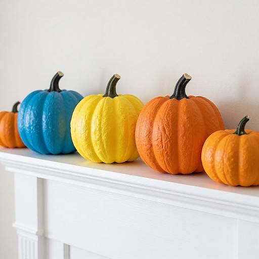 Photograph of five colorful pumpkins—blue, yellow, orange, orange, orange—arranged on a white mantel against a plain white background