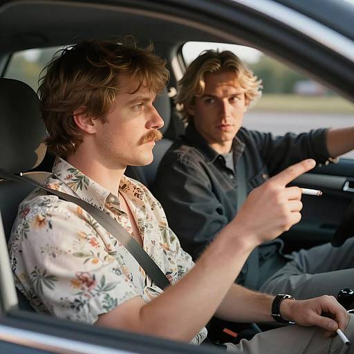 Two Men Conversing in a Car