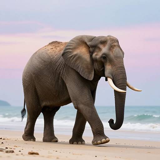 Photograph of a young, dark grey African elephant with large ears and white tusks walking on a sandy beach with gentle ocean waves in the background.