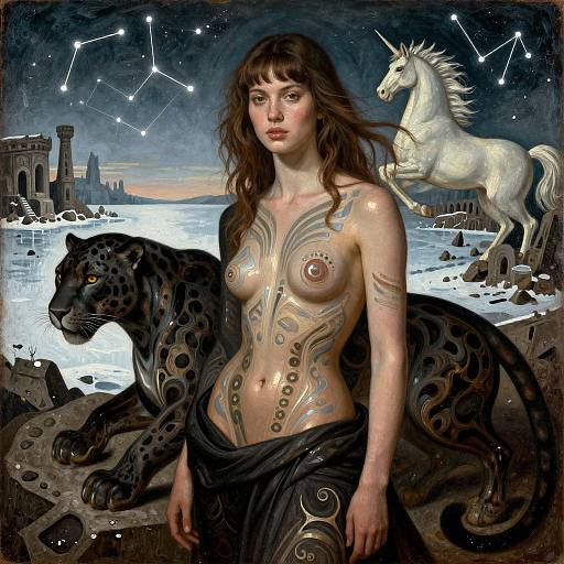 Digital fantasy artwork of a topless woman with intricate tattoos, standing beside a black leopard and a white horse, under a starry night sky with ancient