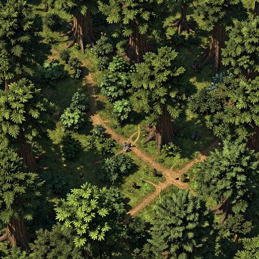Aerial photograph of a dense forest with lush green trees and a narrow, sunlit dirt path crossing in the center. Two small figures are walking along