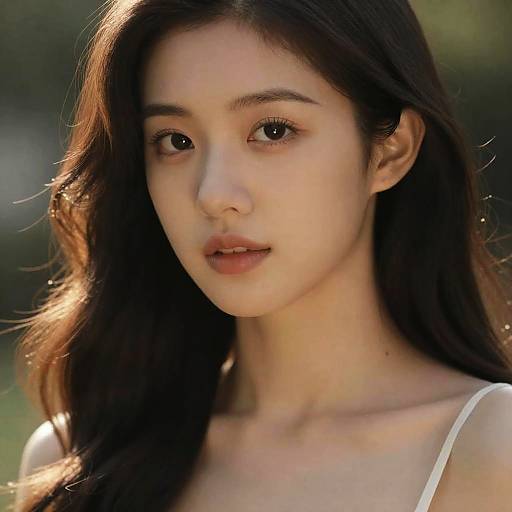 Photograph of a young Asian woman with long, wavy brown hair, fair skin, and brown eyes, wearing a white strap top, softly lit