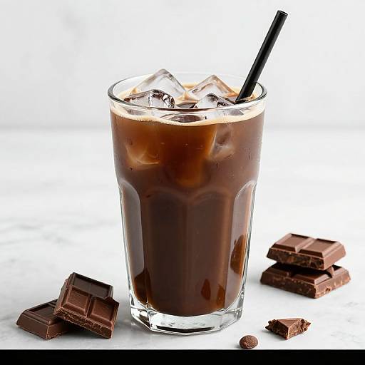 Photograph of a glass filled with dark chocolate milkshake, ice cubes, and a black straw, accompanied by chocolate pieces on a white background.