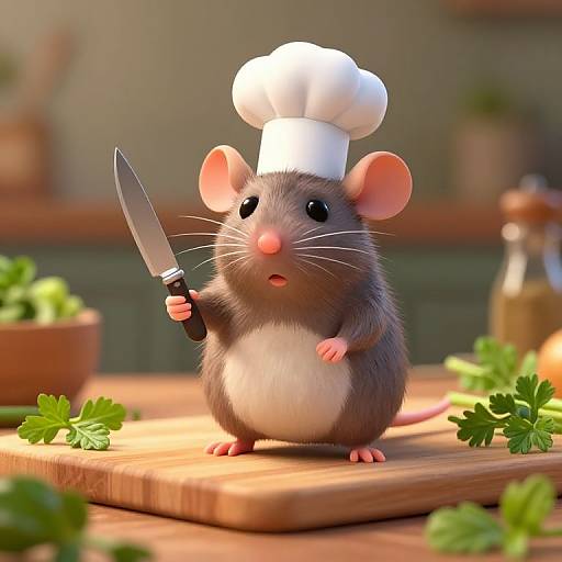 CGI image of a cute, gray mouse with a white belly, wearing a chef's hat, holding a knife on a wooden kitchen counter with herbs