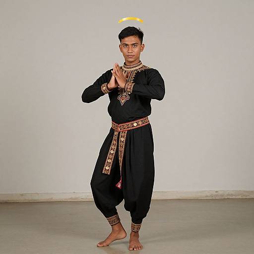 Photograph of an Indian man with medium brown skin, short black hair, wearing a black traditional outfit with gold patterns, standing barefoot, hands in