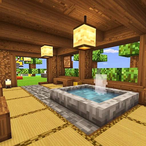 Minecraft-style digital image of a wooden room with a stone-tiled hot tub, yellow square lights, and grassy outdoor view.