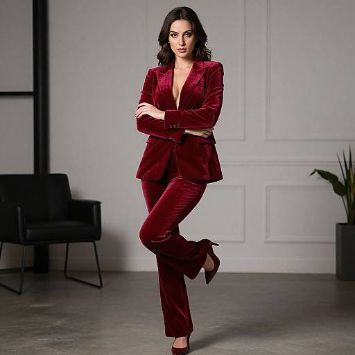 Confident Woman in Red Velvet Suit