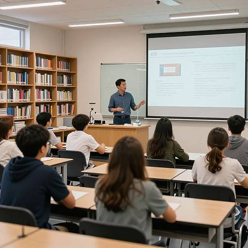 Photograph of a classroom: Teacher in blue shirt stands before a projector screen, lecturing to six students seated at desks, with bookshelves in