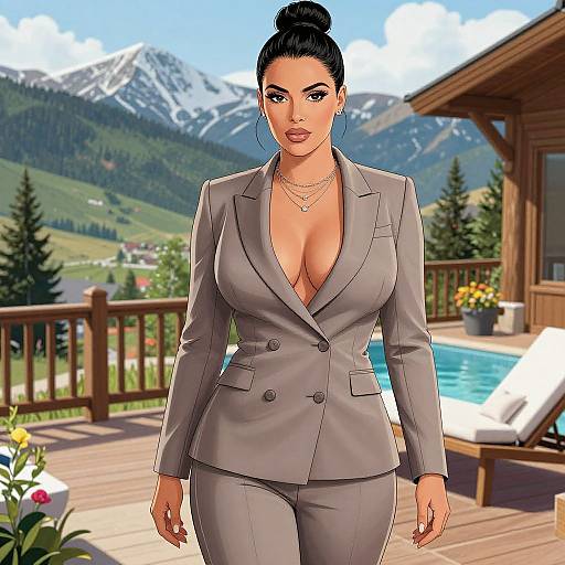 Digital art of a curvy, dark-haired woman in a low-cut gray suit, standing on a wooden deck overlooking a mountain landscape and pool.
