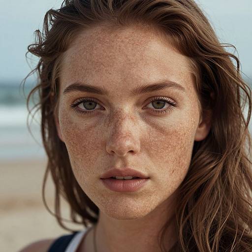 Close-up photograph of a freckled young woman with green eyes, wet brown hair, and neutral expression, standing on a beach.