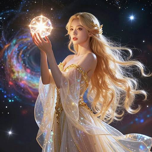 Digital art of a blonde, ethereal fairy with long, flowing hair, wearing a translucent, gold-embellished gown, holding a glowing,