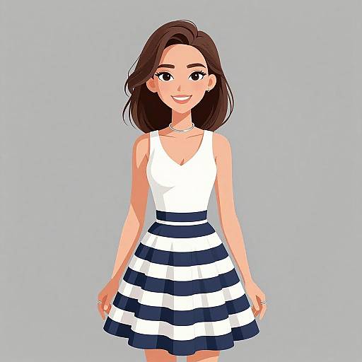 Digital illustration of a smiling woman with shoulder-length brown hair, wearing a white tank top and a blue-and-white striped skirt.