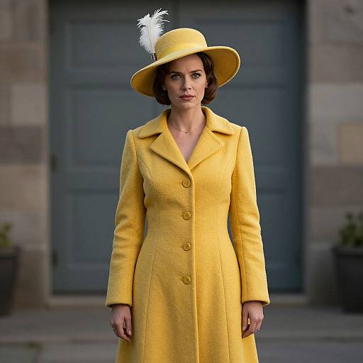 Photograph of a woman in a bright yellow coat and matching wide-brimmed hat with a white feather, standing in front of a blue door.