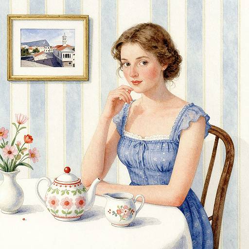 Watercolor Woman with Tea Set