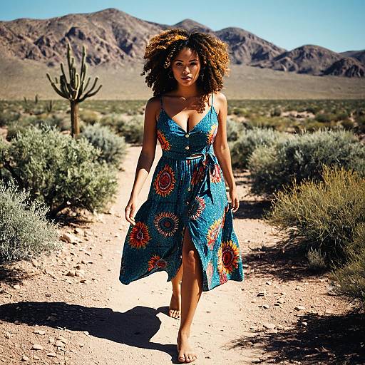 Woman in Colorful Dress Walking in Desert