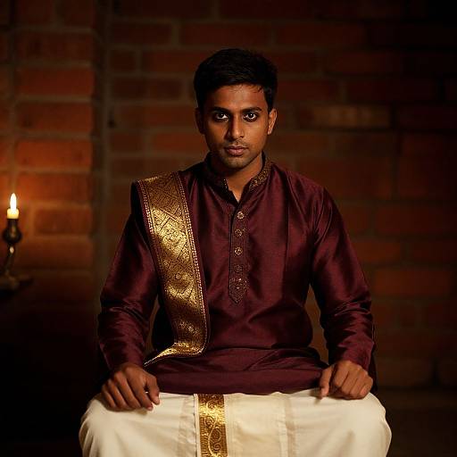 Photograph of a young Indian man with dark skin and short black hair, wearing a maroon silk kurta with gold embroidery and white dhoti