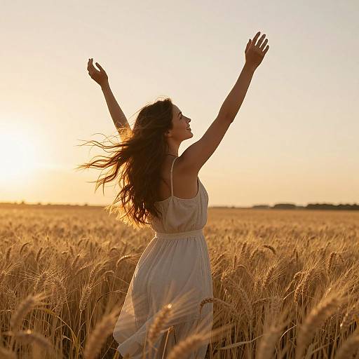 Photograph of a woman with long brown hair, wearing a white sundress, arms raised, standing in a golden wheat field at sunset.