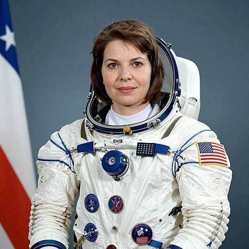 Photograph of a female astronaut in a white spacesuit with American flag and NASA patches, standing in front of an American flag.