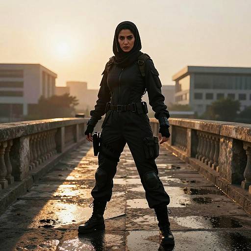 Photograph of a serious woman in black tactical gear with hood, standing on a wet, sunlit bridge at sunset, city buildings in background.