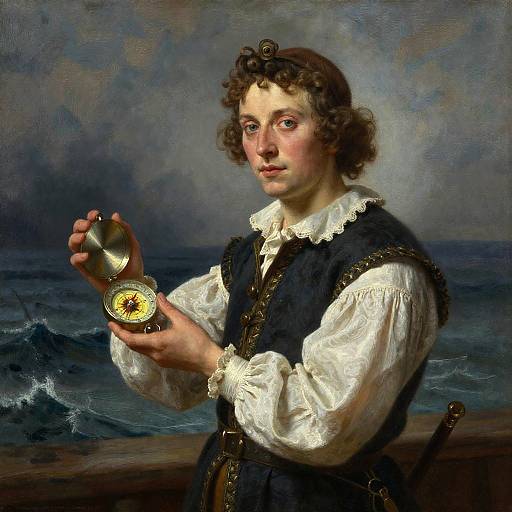 Oil painting of a young curly-haired man in 18th-century attire, holding a pocket watch with a sun emblem, standing by a stormy sea