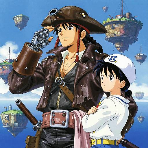 Anime-style digital drawing of a red-haired pirate in leather and hat, holding a pistol, standing beside a black-haired sailor in a white cap. Floating