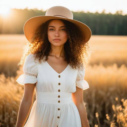 Woman in White Dress and Hat in Golden Field