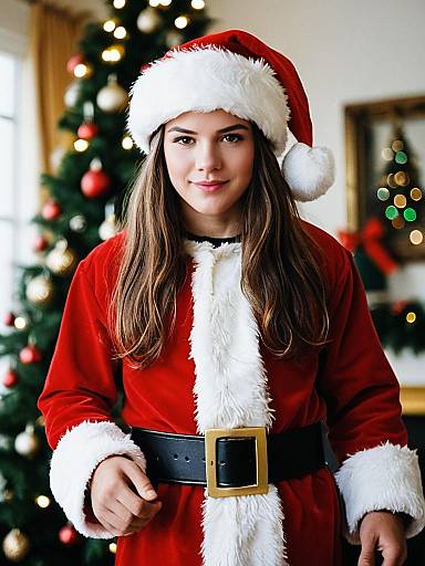 Young Man in Gold Santa Costume by Christmas Tree