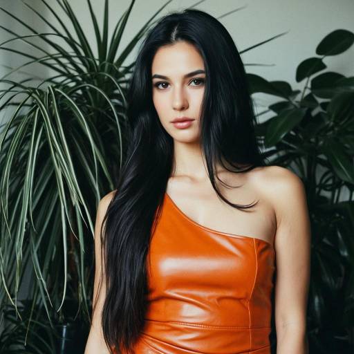 Woman in Orange One-Shoulder Dress with Black Hair