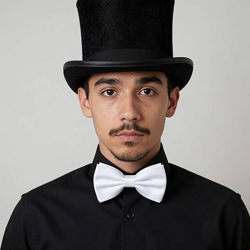 Photograph of a young man with medium brown skin, dark eyes, and a mustache, wearing a black top hat, white bow tie, and