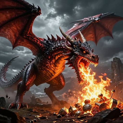 Digital artwork of a roaring, red and black dragon breathing fire over a burning pile of armored eggs in a stormy, ruined landscape.