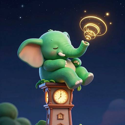 CGI cartoon of a chubby, green, cute elephant with large ears, sitting on a clock tower, creating a glowing, swirling light with its trunk