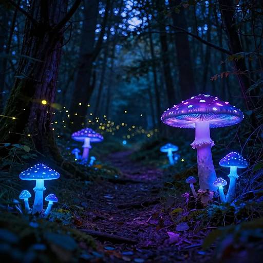 Photograph of a mystical forest path illuminated by glowing blue and purple bioluminescent mushrooms, surrounded by twinkling fireflies, creating a magical,