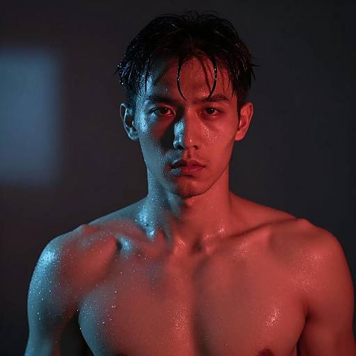 Intense Portrait of a Wet Shirtless Man