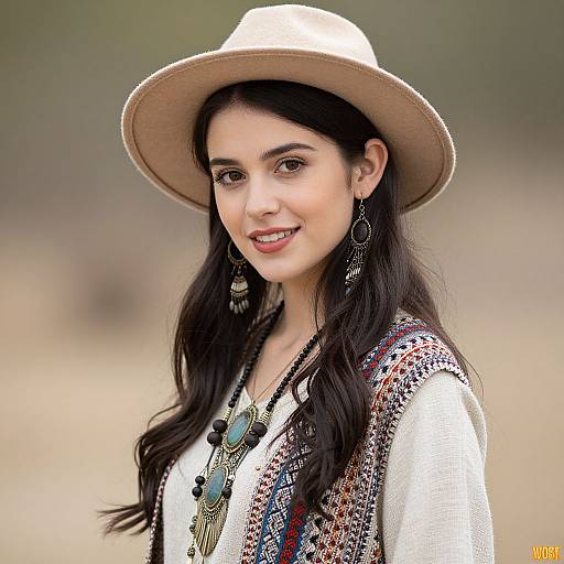 Photograph of a smiling young woman with long black hair, wearing a beige hat, white embroidered blouse, and blue necklace, with a blurred outdoor background
