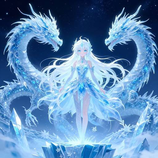 Digital anime artwork: A glowing white-haired girl with ice wings stands centered, surrounded by two blue, dragon-like creatures and crystalline structures, under a